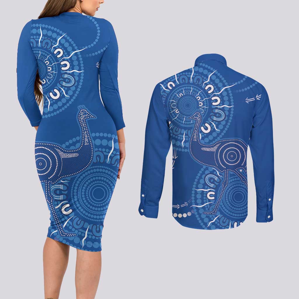 Australia New South Wales Couples Matching Long Sleeve Bodycon Dress and Long Sleeve Button Shirt Aussie Emu With Aboriginal Art