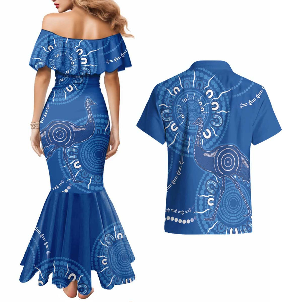 Australia New South Wales Couples Matching Mermaid Dress and Hawaiian Shirt Aussie Emu With Aboriginal Art