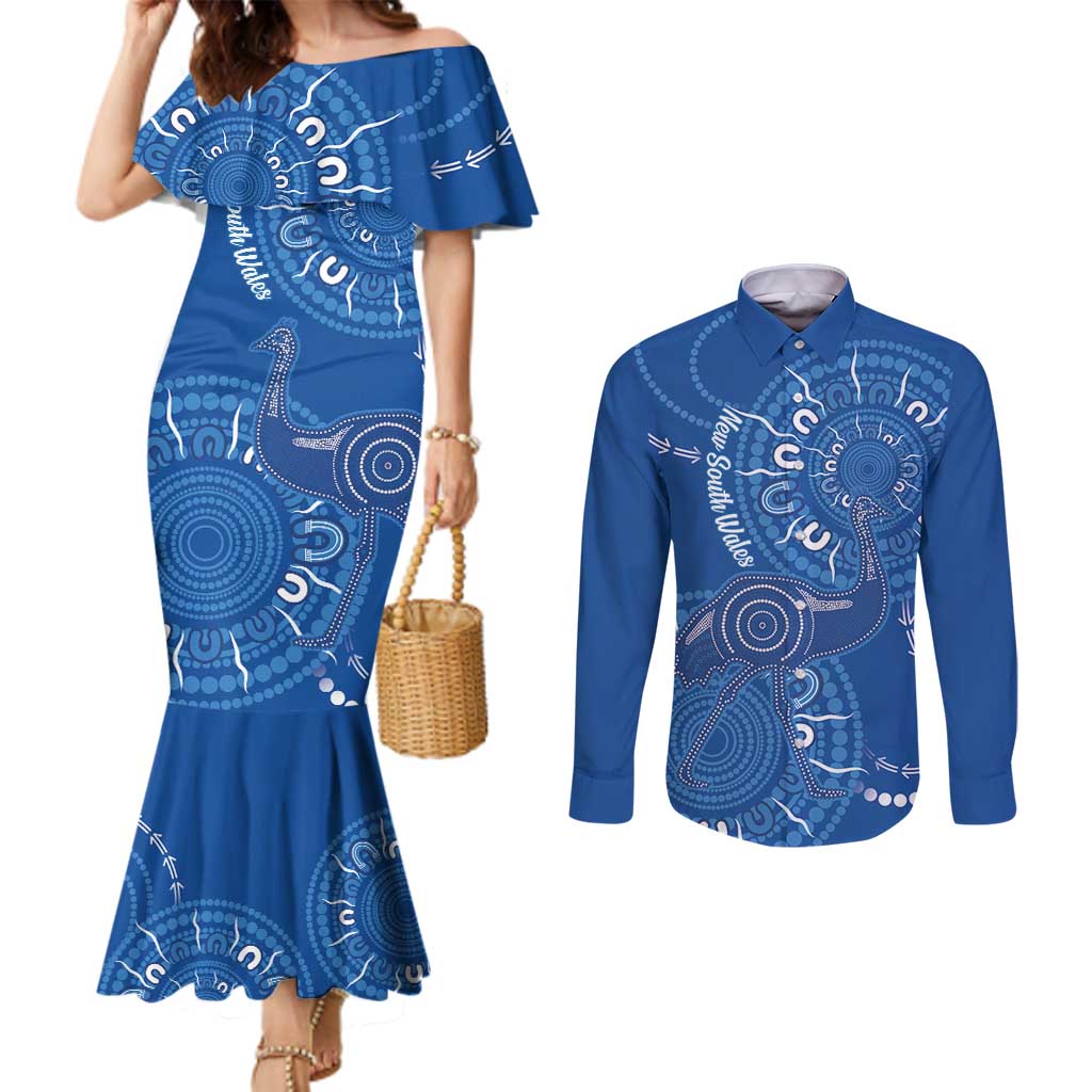 Australia New South Wales Couples Matching Mermaid Dress and Long Sleeve Button Shirt Aussie Emu With Aboriginal Art