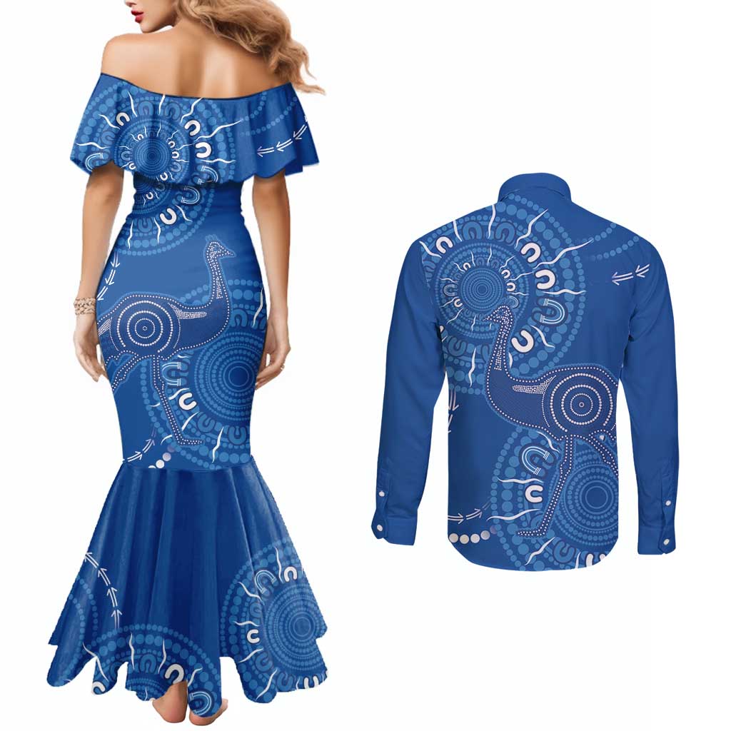 Australia New South Wales Couples Matching Mermaid Dress and Long Sleeve Button Shirt Aussie Emu With Aboriginal Art