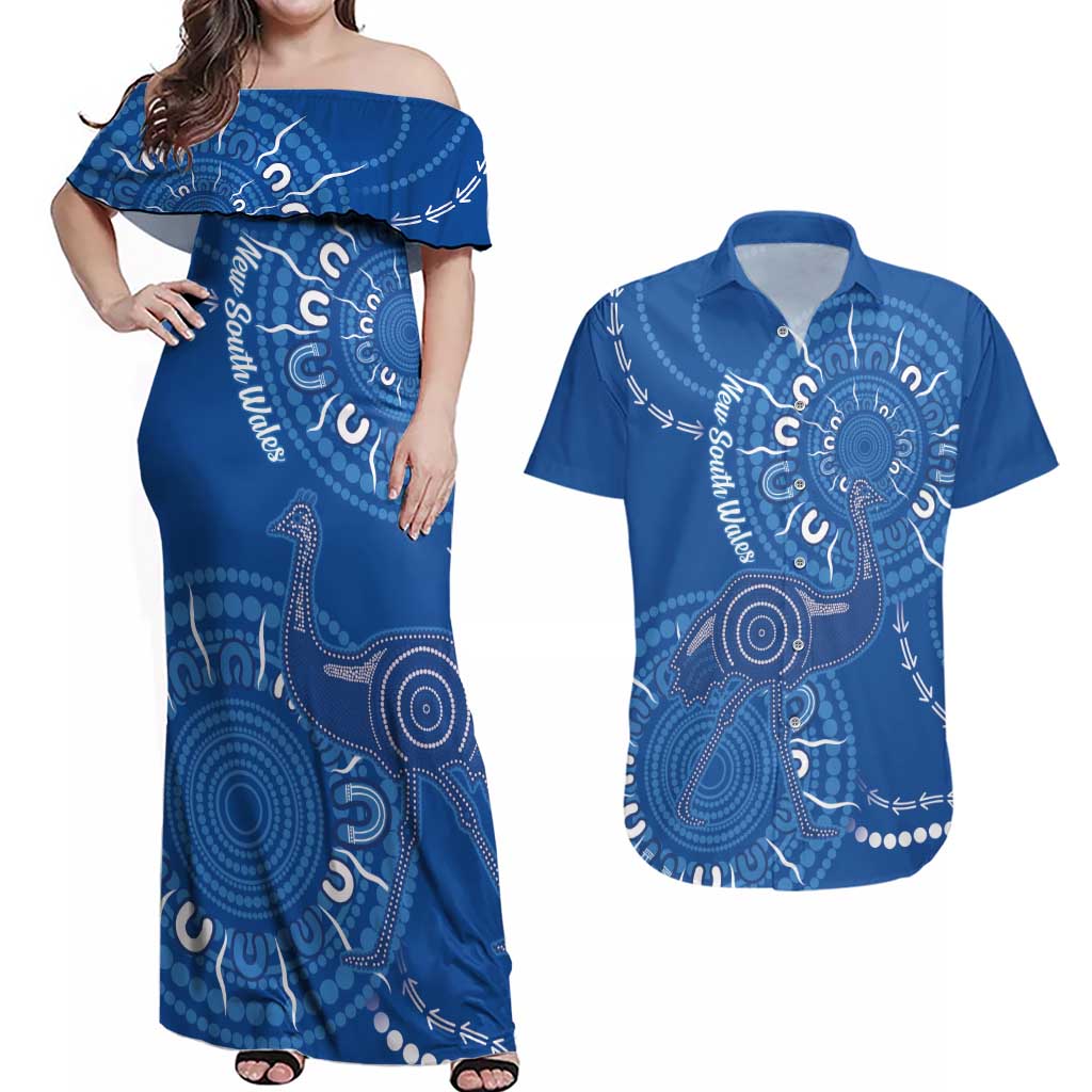 Australia New South Wales Couples Matching Off Shoulder Maxi Dress and Hawaiian Shirt Aussie Emu With Aboriginal Art