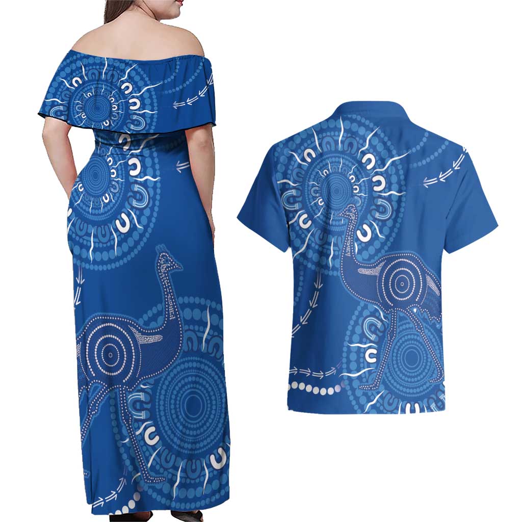 Australia New South Wales Couples Matching Off Shoulder Maxi Dress and Hawaiian Shirt Aussie Emu With Aboriginal Art