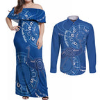 Australia New South Wales Couples Matching Off Shoulder Maxi Dress and Long Sleeve Button Shirt Aussie Emu With Aboriginal Art
