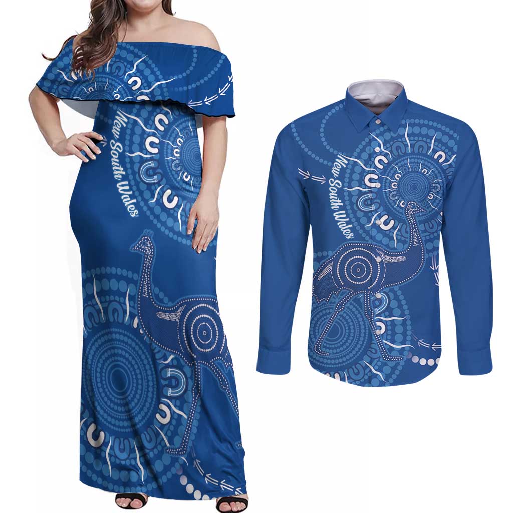 Australia New South Wales Couples Matching Off Shoulder Maxi Dress and Long Sleeve Button Shirt Aussie Emu With Aboriginal Art