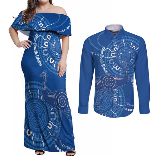 Australia New South Wales Couples Matching Off Shoulder Maxi Dress and Long Sleeve Button Shirt Aussie Emu With Aboriginal Art