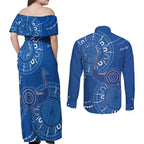 Australia New South Wales Couples Matching Off Shoulder Maxi Dress and Long Sleeve Button Shirt Aussie Emu With Aboriginal Art