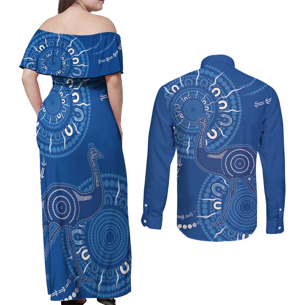 Australia New South Wales Couples Matching Off Shoulder Maxi Dress and Long Sleeve Button Shirt Aussie Emu With Aboriginal Art