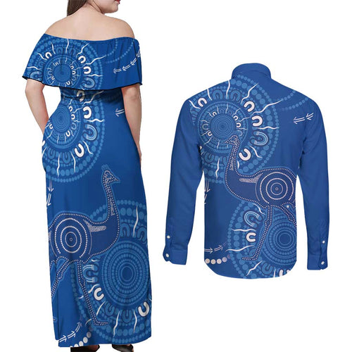 Australia New South Wales Couples Matching Off Shoulder Maxi Dress and Long Sleeve Button Shirt Aussie Emu With Aboriginal Art