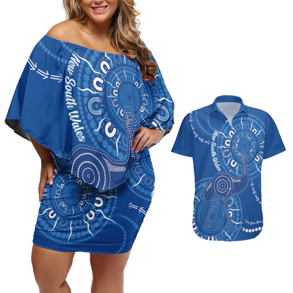 Australia New South Wales Couples Matching Off Shoulder Short Dress and Hawaiian Shirt Aussie Emu With Aboriginal Art