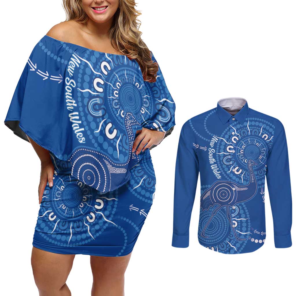 Australia New South Wales Couples Matching Off Shoulder Short Dress and Long Sleeve Button Shirt Aussie Emu With Aboriginal Art