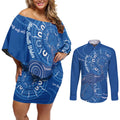 Australia New South Wales Couples Matching Off Shoulder Short Dress and Long Sleeve Button Shirt Aussie Emu With Aboriginal Art