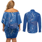 Australia New South Wales Couples Matching Off Shoulder Short Dress and Long Sleeve Button Shirt Aussie Emu With Aboriginal Art