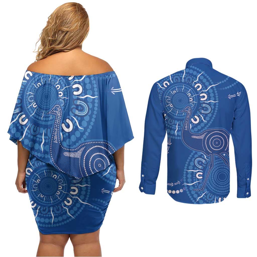 Australia New South Wales Couples Matching Off Shoulder Short Dress and Long Sleeve Button Shirt Aussie Emu With Aboriginal Art