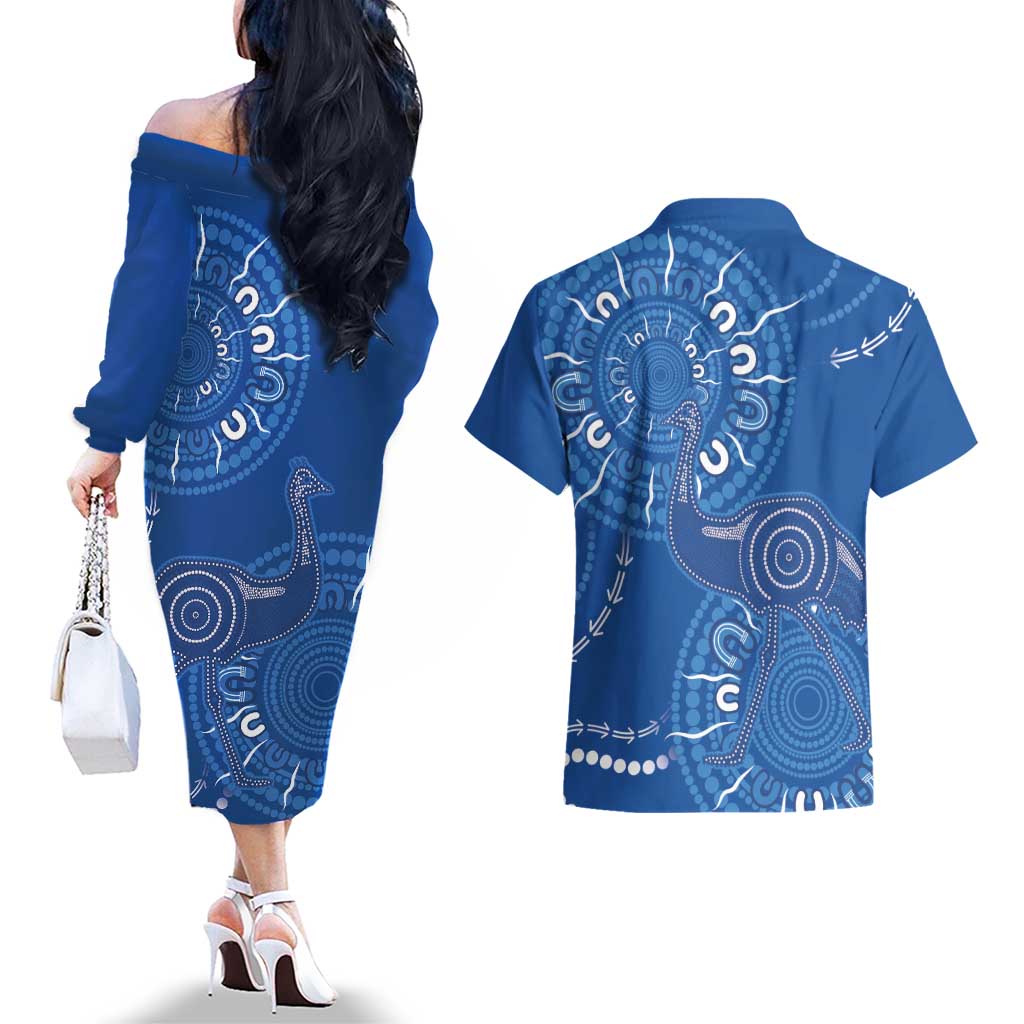 Australia New South Wales Couples Matching Off The Shoulder Long Sleeve Dress and Hawaiian Shirt Aussie Emu With Aboriginal Art