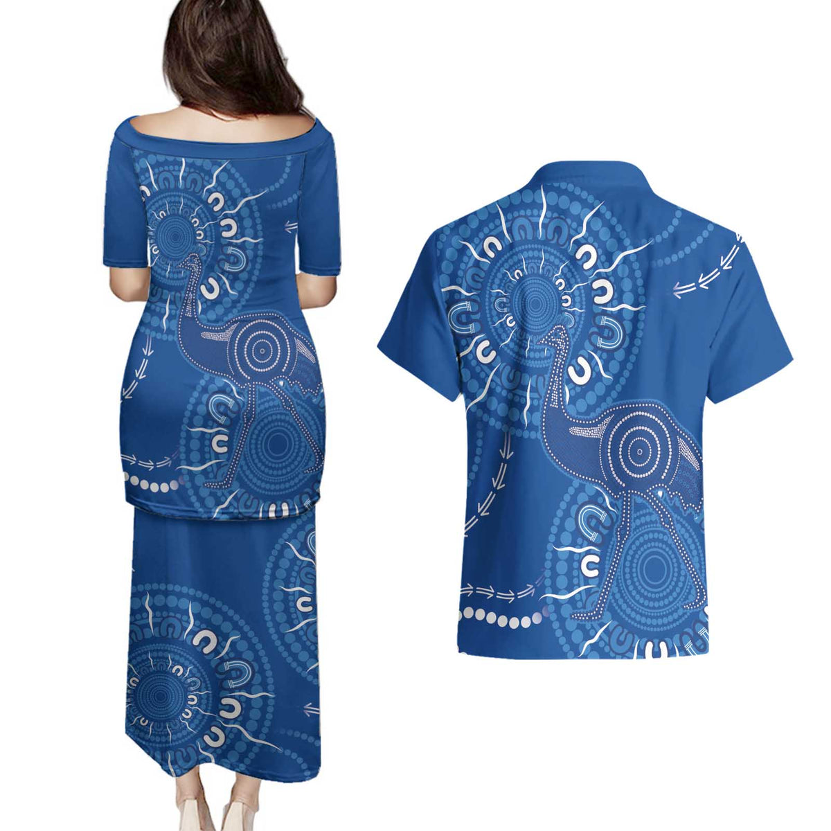 Australia New South Wales Couples Matching Puletasi and Hawaiian Shirt Aussie Emu With Aboriginal Art