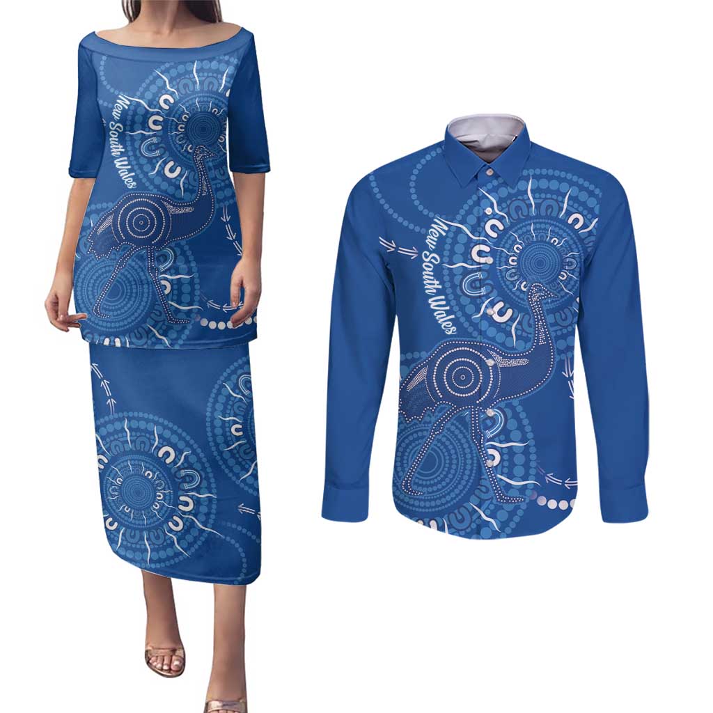 Australia New South Wales Couples Matching Puletasi and Long Sleeve Button Shirt Aussie Emu With Aboriginal Art