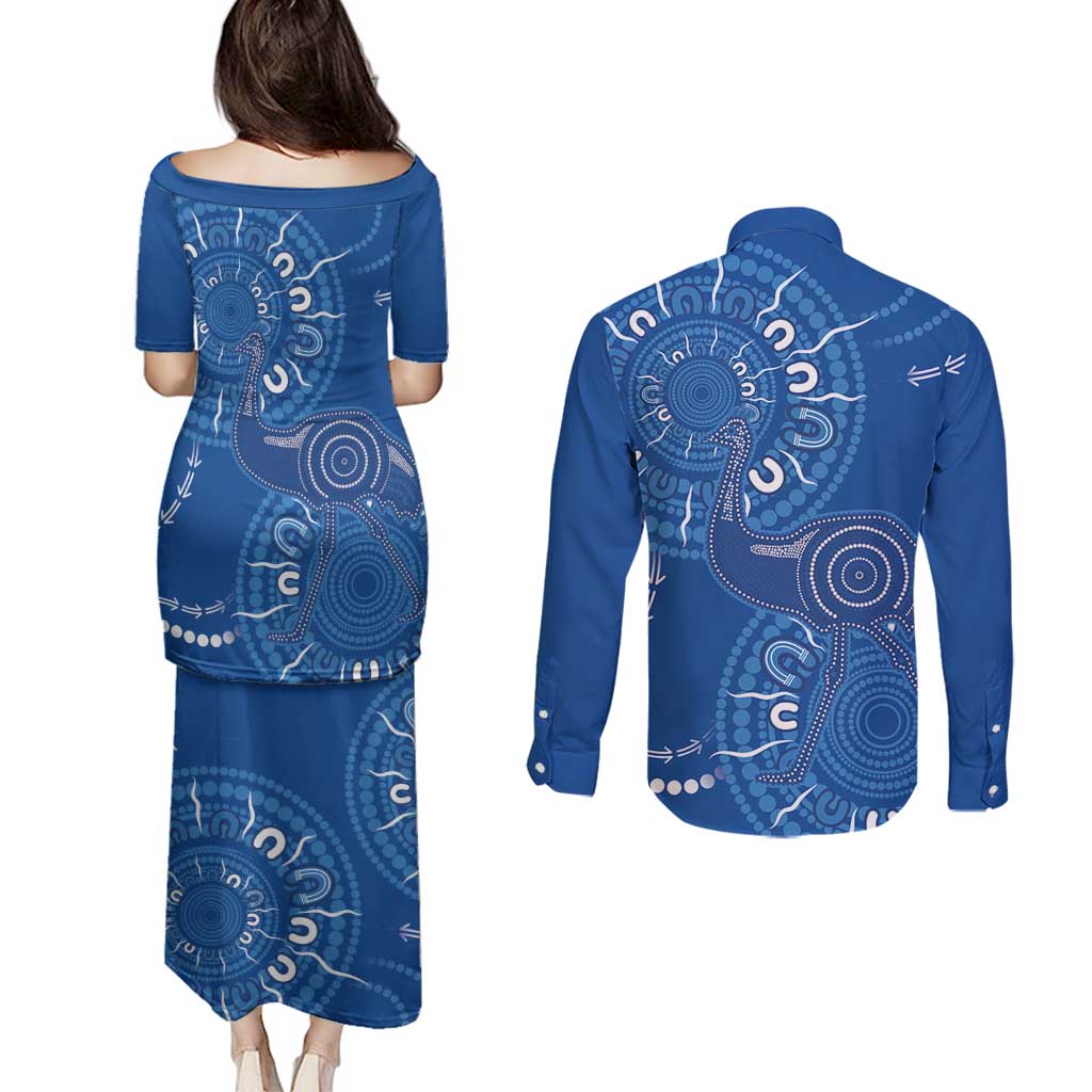Australia New South Wales Couples Matching Puletasi and Long Sleeve Button Shirt Aussie Emu With Aboriginal Art