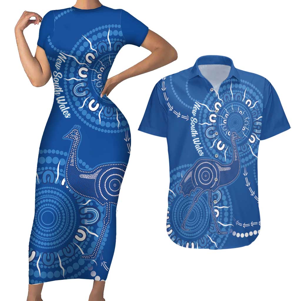 Australia New South Wales Couples Matching Short Sleeve Bodycon Dress and Hawaiian Shirt Aussie Emu With Aboriginal Art