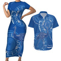 Australia New South Wales Couples Matching Short Sleeve Bodycon Dress and Hawaiian Shirt Aussie Emu With Aboriginal Art