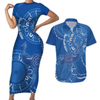Australia New South Wales Couples Matching Short Sleeve Bodycon Dress and Hawaiian Shirt Aussie Emu With Aboriginal Art