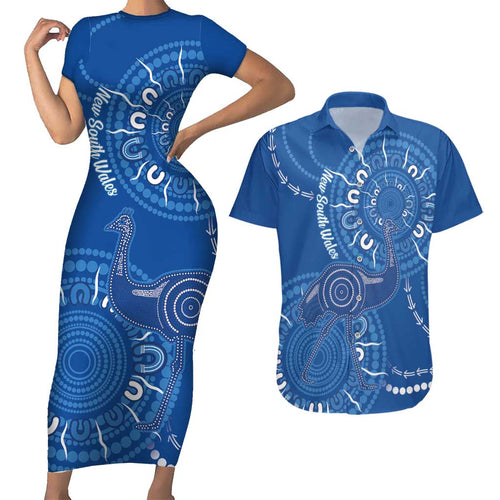 Australia New South Wales Couples Matching Short Sleeve Bodycon Dress and Hawaiian Shirt Aussie Emu With Aboriginal Art