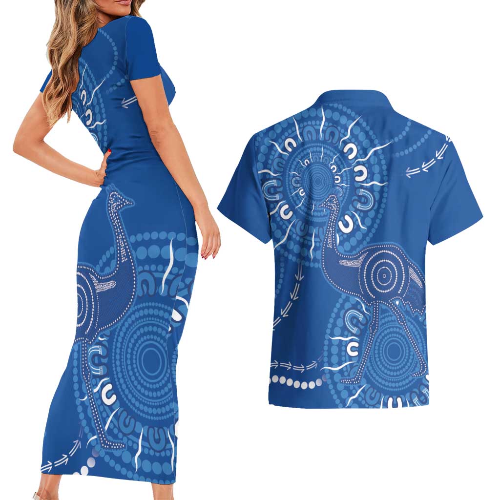 Australia New South Wales Couples Matching Short Sleeve Bodycon Dress and Hawaiian Shirt Aussie Emu With Aboriginal Art