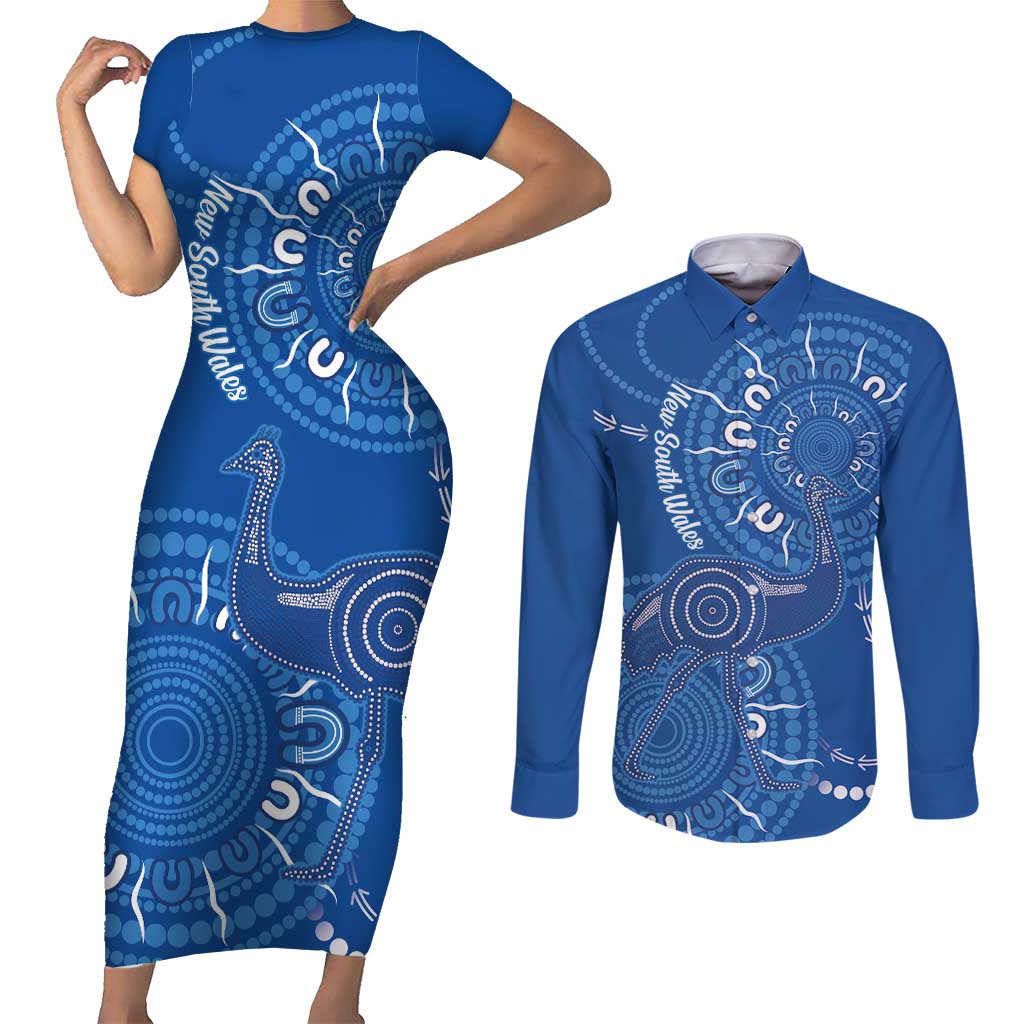 Australia New South Wales Couples Matching Short Sleeve Bodycon Dress and Long Sleeve Button Shirt Aussie Emu With Aboriginal Art