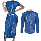 Australia New South Wales Couples Matching Short Sleeve Bodycon Dress and Long Sleeve Button Shirt Aussie Emu With Aboriginal Art