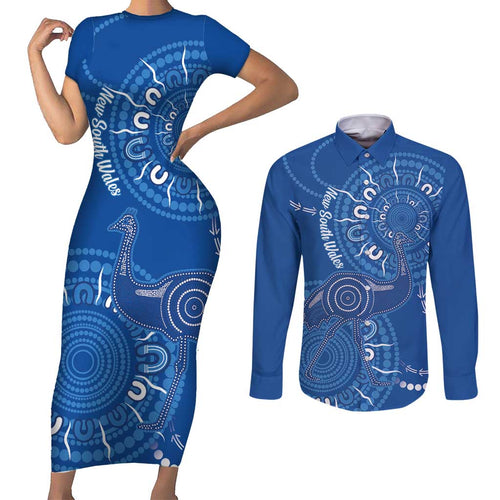 Australia New South Wales Couples Matching Short Sleeve Bodycon Dress and Long Sleeve Button Shirt Aussie Emu With Aboriginal Art