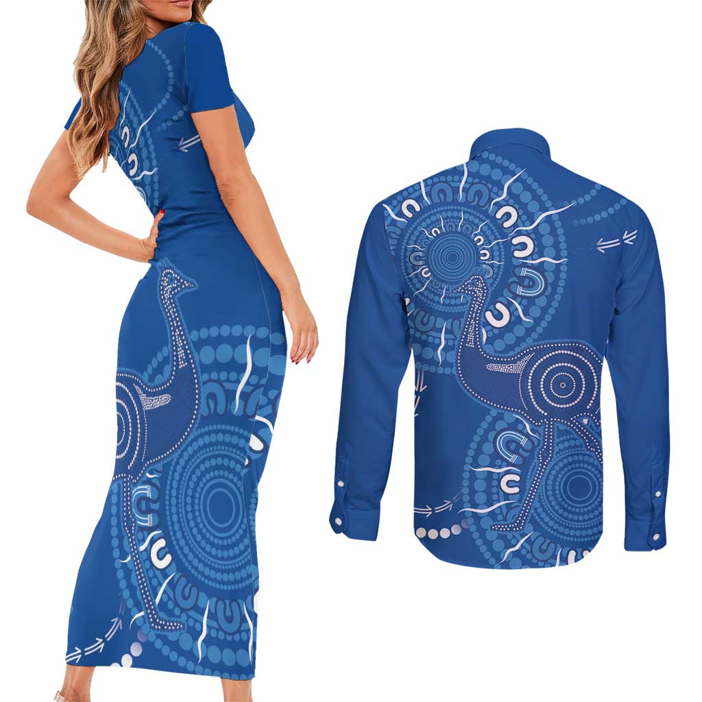 Australia New South Wales Couples Matching Short Sleeve Bodycon Dress and Long Sleeve Button Shirt Aussie Emu With Aboriginal Art