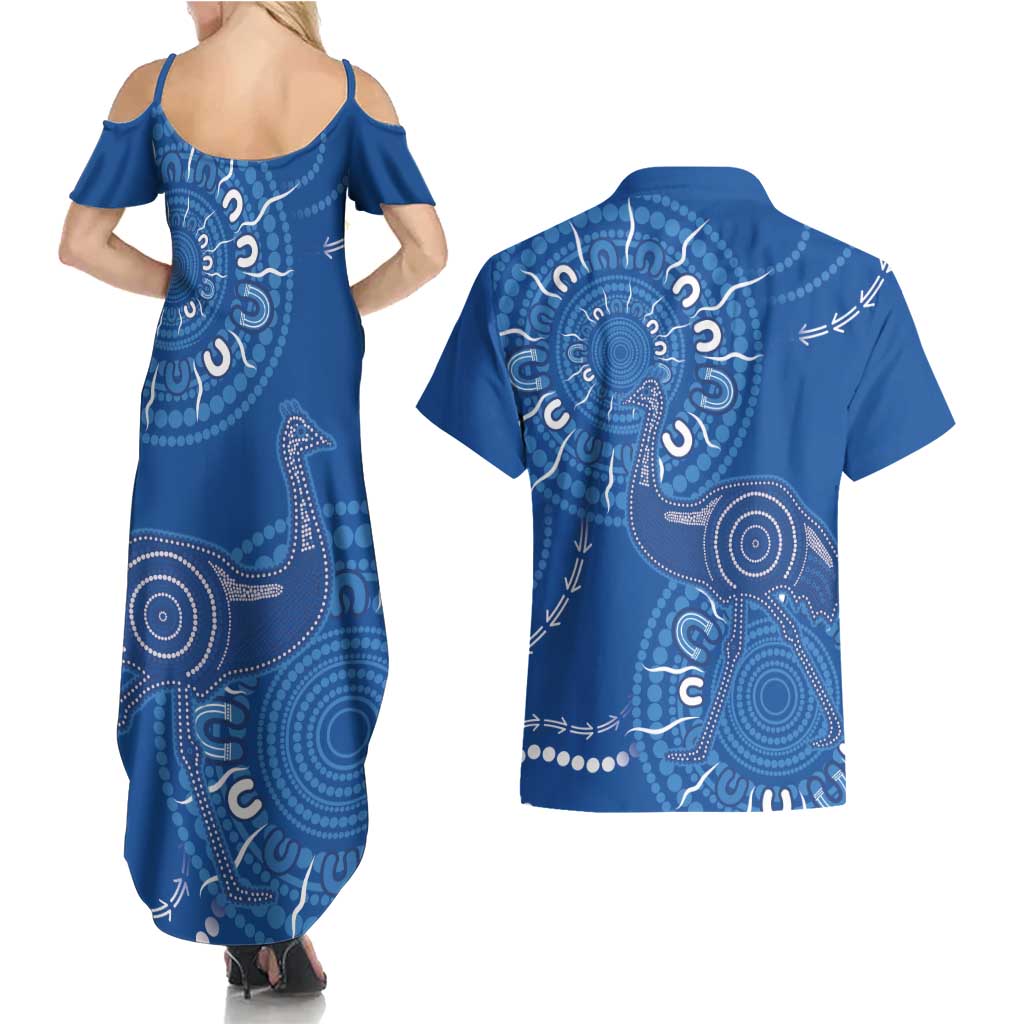 Australia New South Wales Couples Matching Summer Maxi Dress and Hawaiian Shirt Aussie Emu With Aboriginal Art
