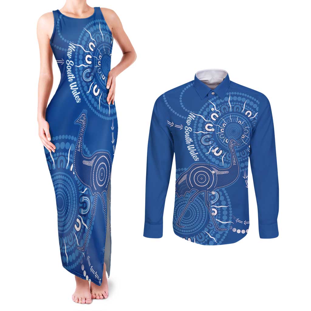 Australia New South Wales Couples Matching Tank Maxi Dress and Long Sleeve Button Shirt Aussie Emu With Aboriginal Art