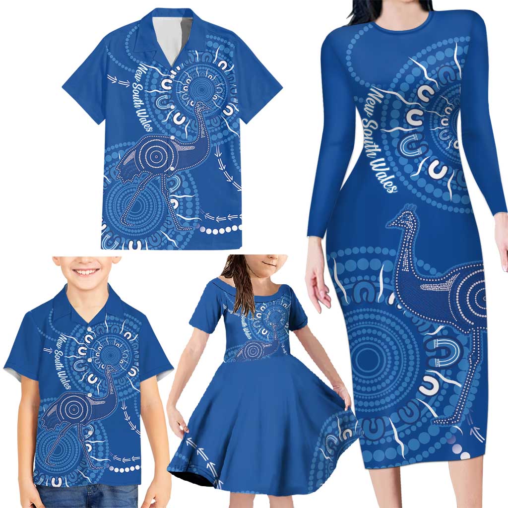 Australia New South Wales Family Matching Long Sleeve Bodycon Dress and Hawaiian Shirt Aussie Emu With Aboriginal Art