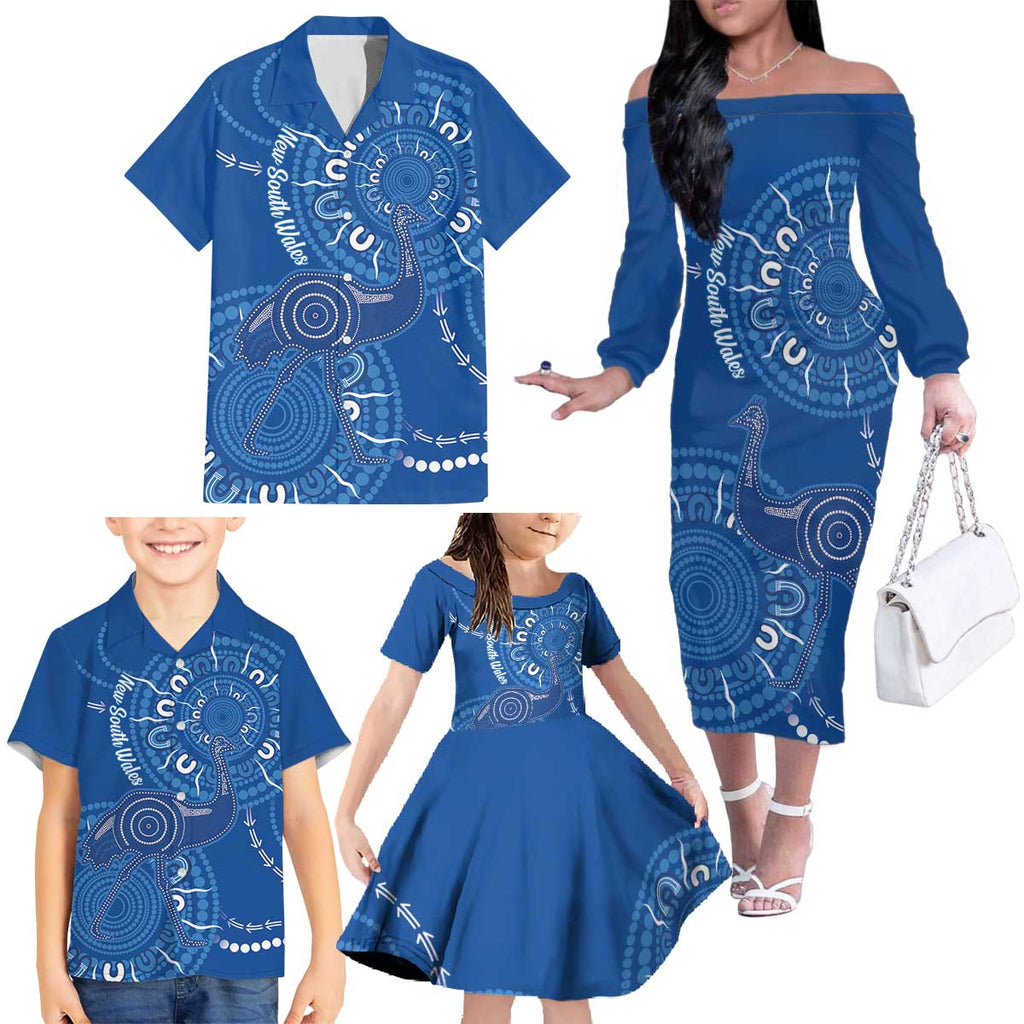 Australia New South Wales Family Matching Off The Shoulder Long Sleeve Dress and Hawaiian Shirt Aussie Emu With Aboriginal Art
