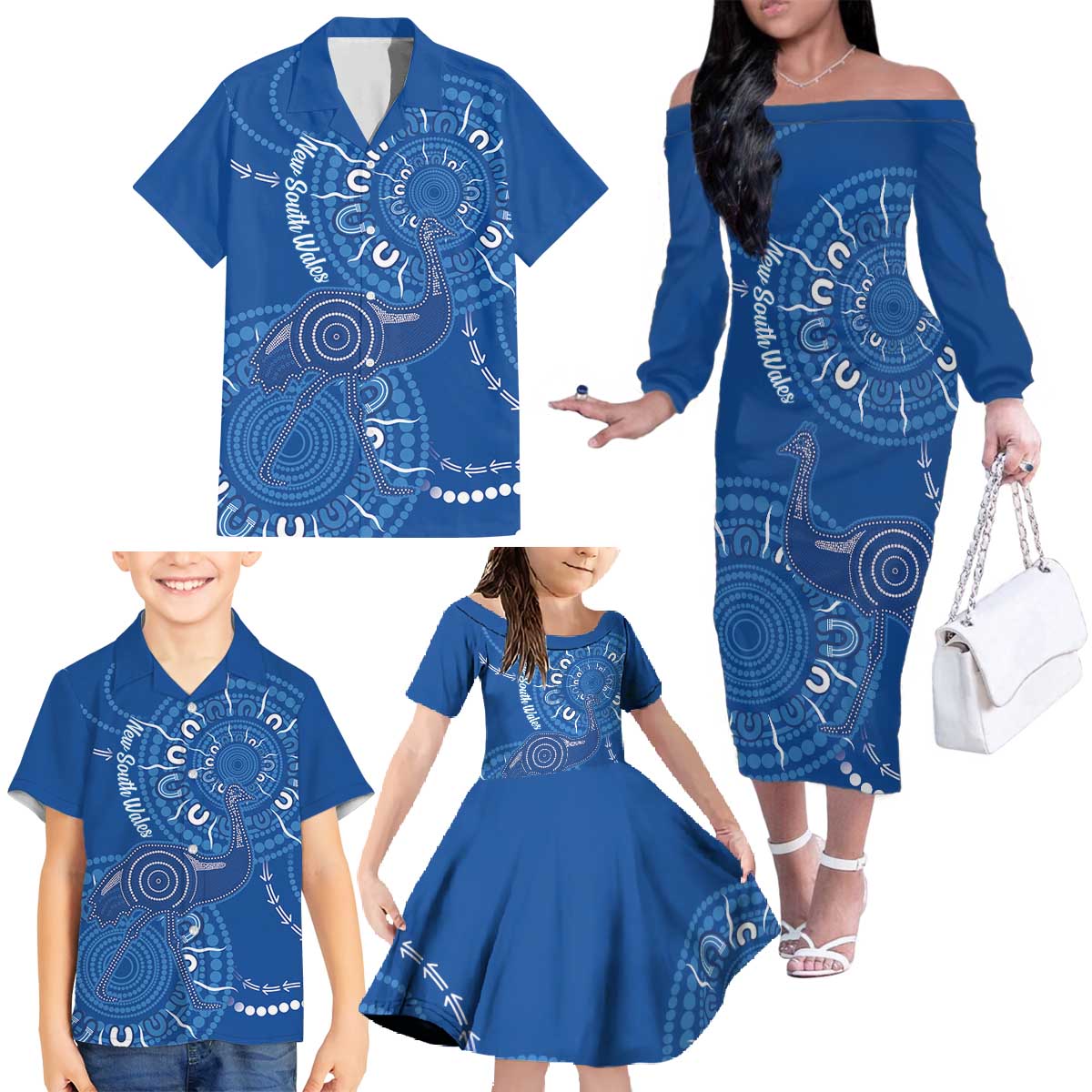 Australia New South Wales Family Matching Off The Shoulder Long Sleeve Dress and Hawaiian Shirt Aussie Emu With Aboriginal Art