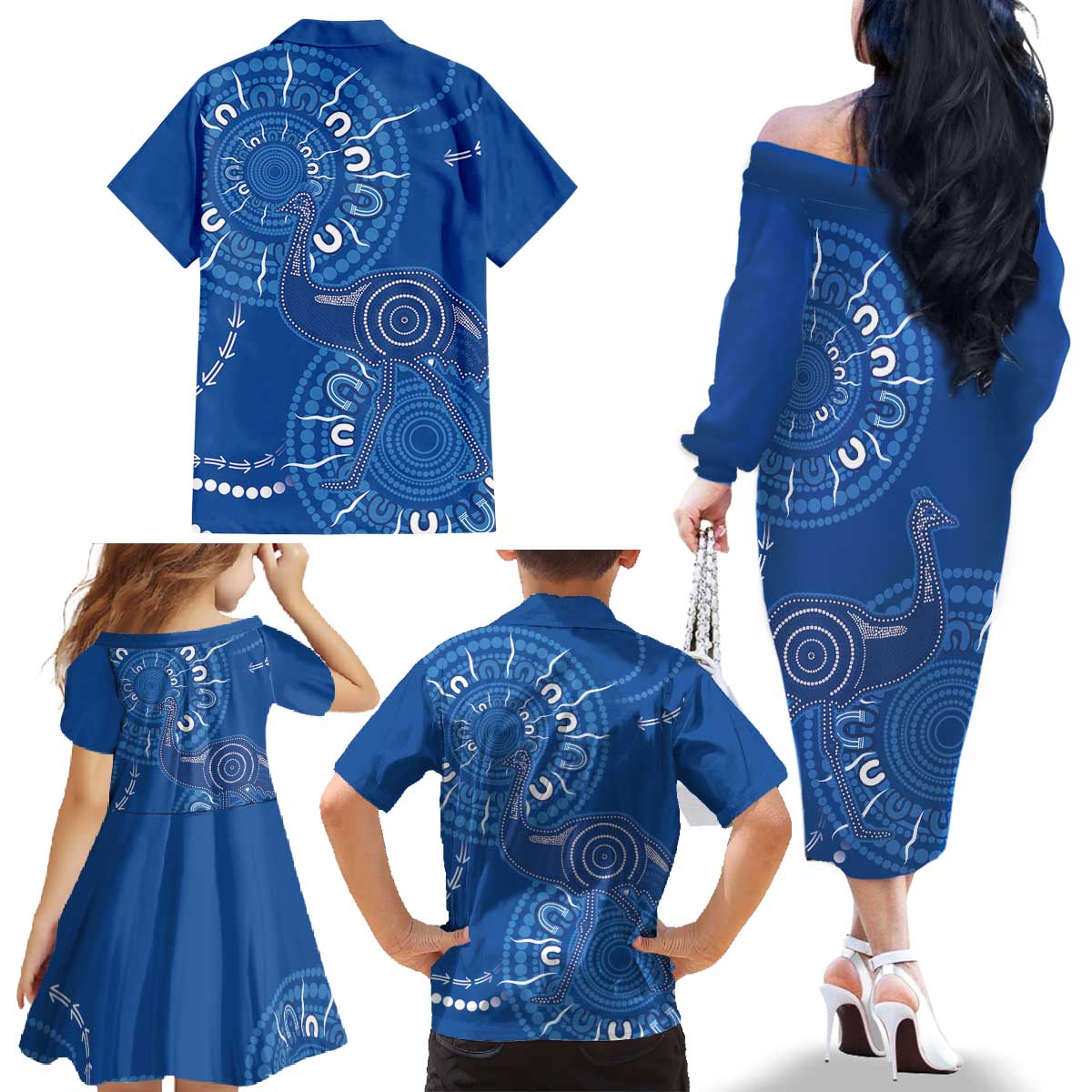 Australia New South Wales Family Matching Off The Shoulder Long Sleeve Dress and Hawaiian Shirt Aussie Emu With Aboriginal Art