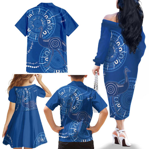 Australia New South Wales Family Matching Off The Shoulder Long Sleeve Dress and Hawaiian Shirt Aussie Emu With Aboriginal Art