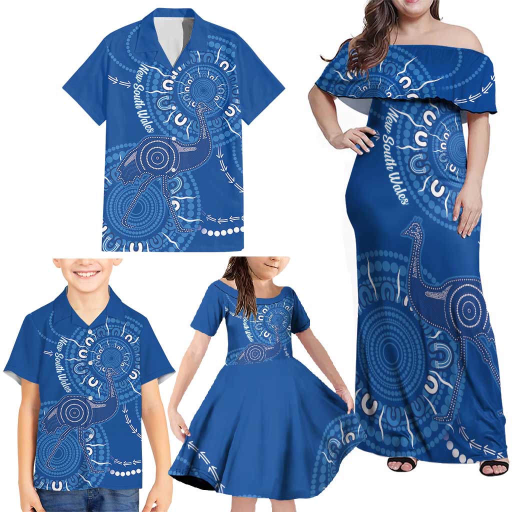 Australia New South Wales Family Matching Off Shoulder Maxi Dress and Hawaiian Shirt Aussie Emu With Aboriginal Art