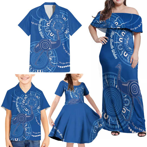 Australia New South Wales Family Matching Off Shoulder Maxi Dress and Hawaiian Shirt Aussie Emu With Aboriginal Art