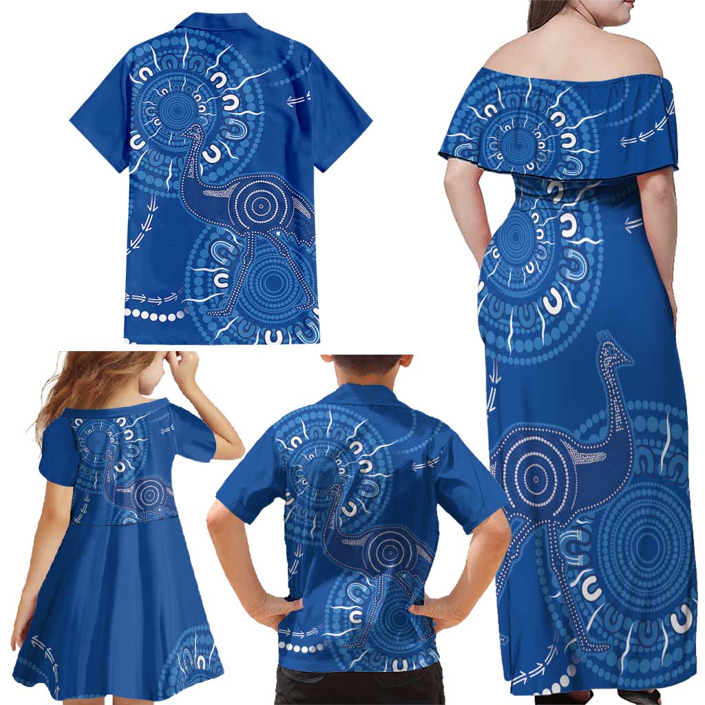 Australia New South Wales Family Matching Off Shoulder Maxi Dress and Hawaiian Shirt Aussie Emu With Aboriginal Art