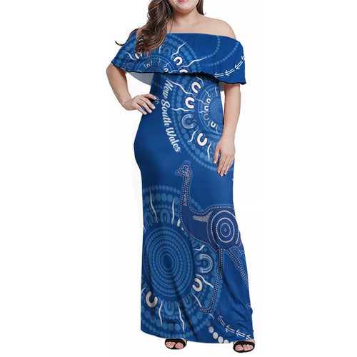 Australia New South Wales Family Matching Off Shoulder Maxi Dress and Hawaiian Shirt Aussie Emu With Aboriginal Art