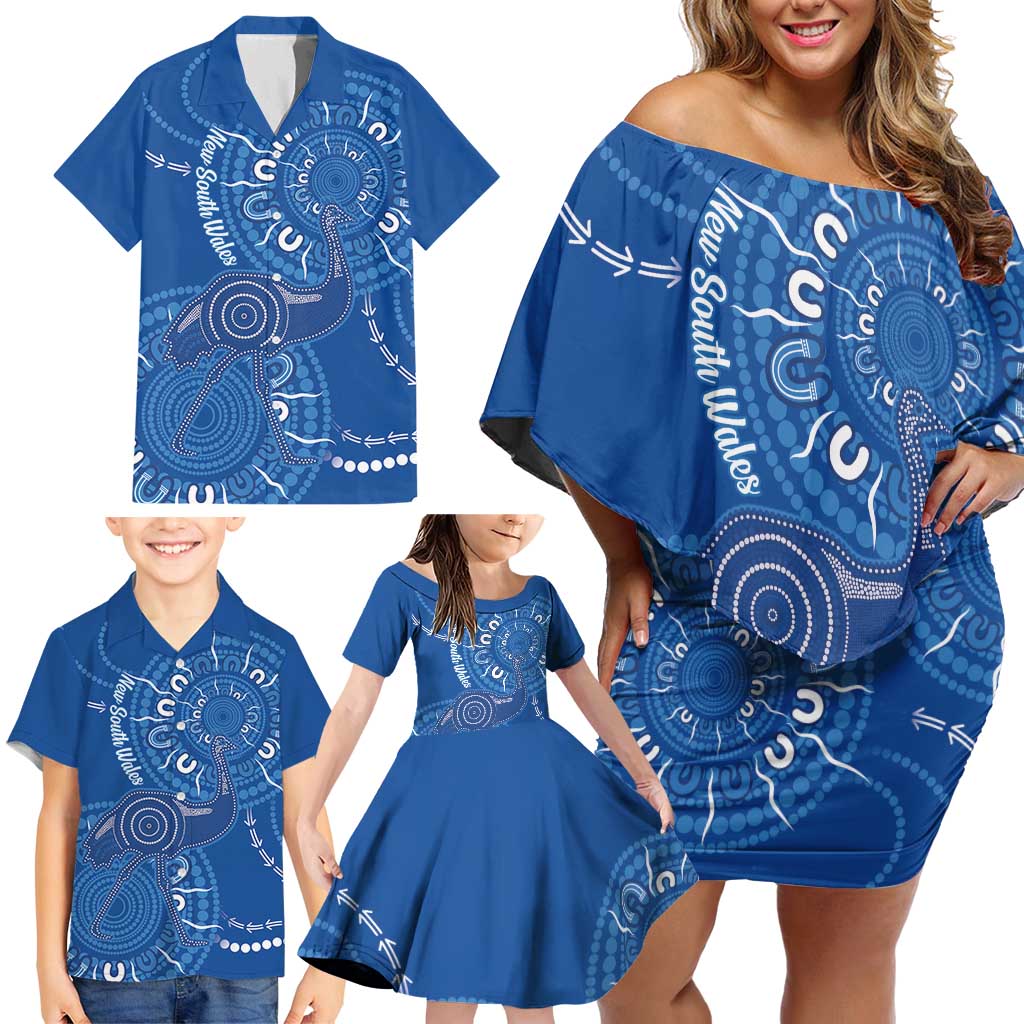 Australia New South Wales Family Matching Off Shoulder Short Dress and Hawaiian Shirt Aussie Emu With Aboriginal Art