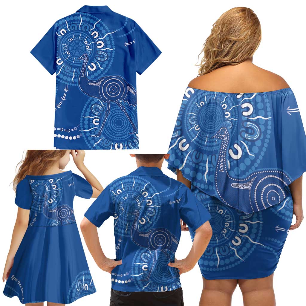Australia New South Wales Family Matching Off Shoulder Short Dress and Hawaiian Shirt Aussie Emu With Aboriginal Art
