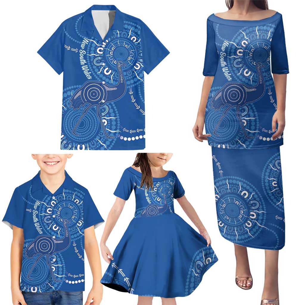 Australia New South Wales Family Matching Puletasi and Hawaiian Shirt Aussie Emu With Aboriginal Art
