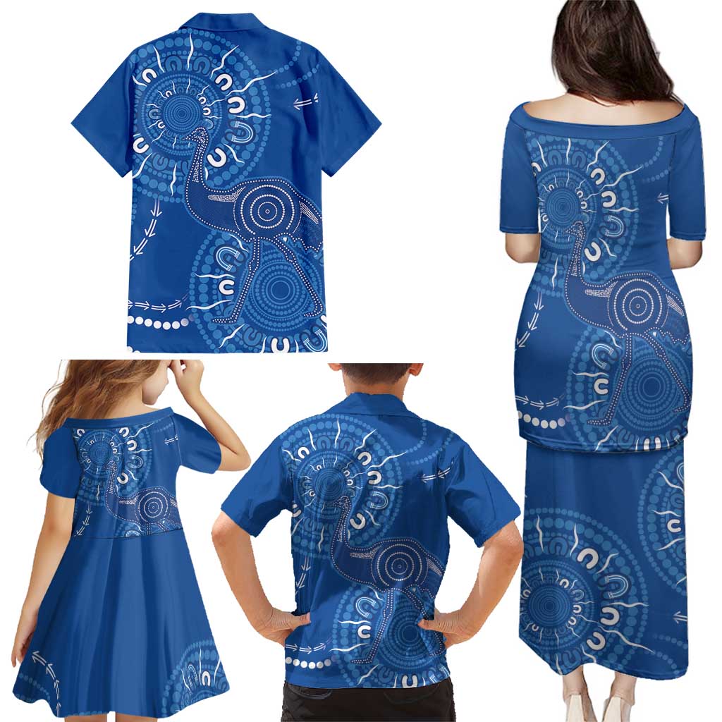 Australia New South Wales Family Matching Puletasi and Hawaiian Shirt Aussie Emu With Aboriginal Art