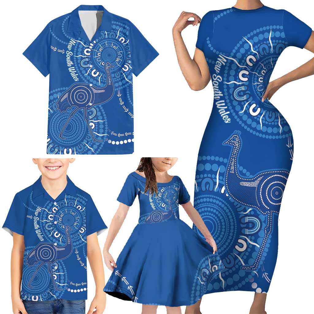 Australia New South Wales Family Matching Short Sleeve Bodycon Dress and Hawaiian Shirt Aussie Emu With Aboriginal Art