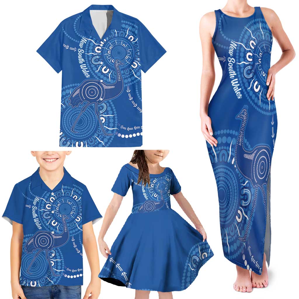 Australia New South Wales Family Matching Tank Maxi Dress and Hawaiian Shirt Aussie Emu With Aboriginal Art