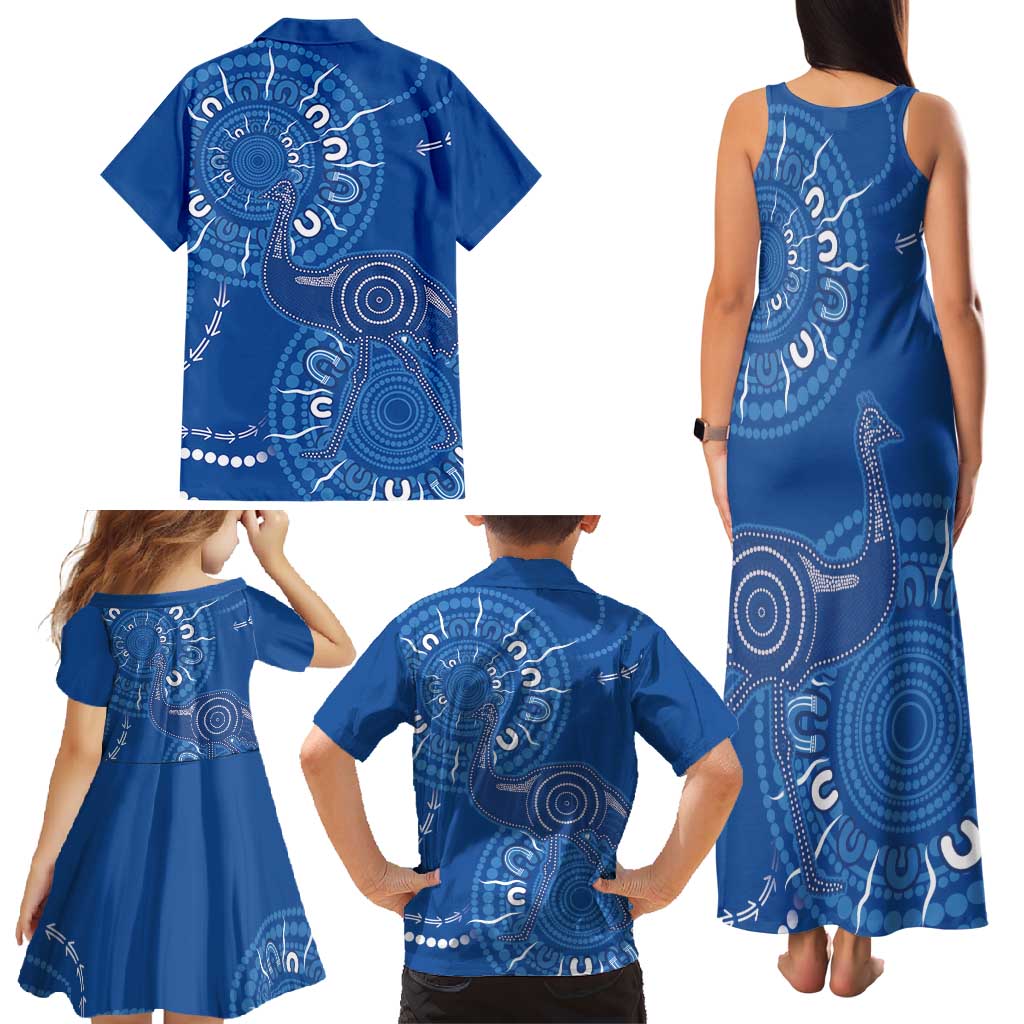 Australia New South Wales Family Matching Tank Maxi Dress and Hawaiian Shirt Aussie Emu With Aboriginal Art
