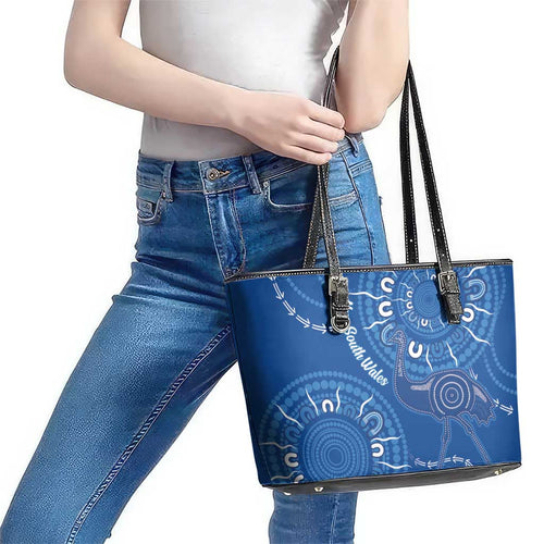 Australia New South Wales Leather Tote Bag Aussie Emu With Aboriginal Art