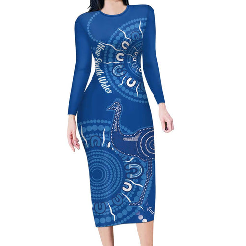 Australia New South Wales Long Sleeve Bodycon Dress Aussie Emu With Aboriginal Art